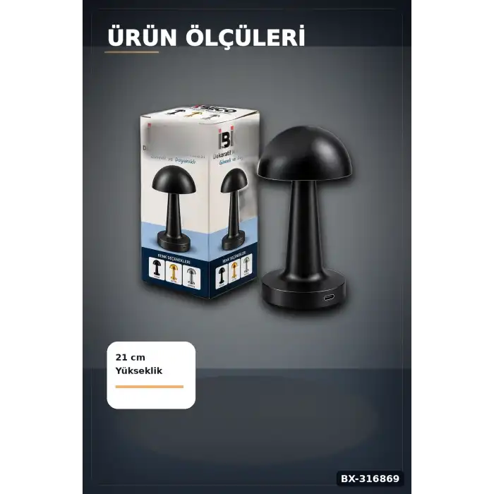 Mantar Masa Lambası Dokunmatik USB Type-C Şarjlı Oval Dekoratif Siyah Başucu Aydınlatma BX-316869