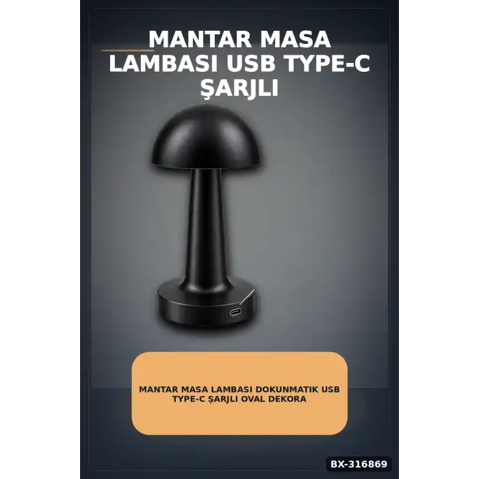 Mantar Masa Lambası Dokunmatik USB Type-C Şarjlı Oval Dekoratif Siyah Başucu Aydınlatma BX-316869
