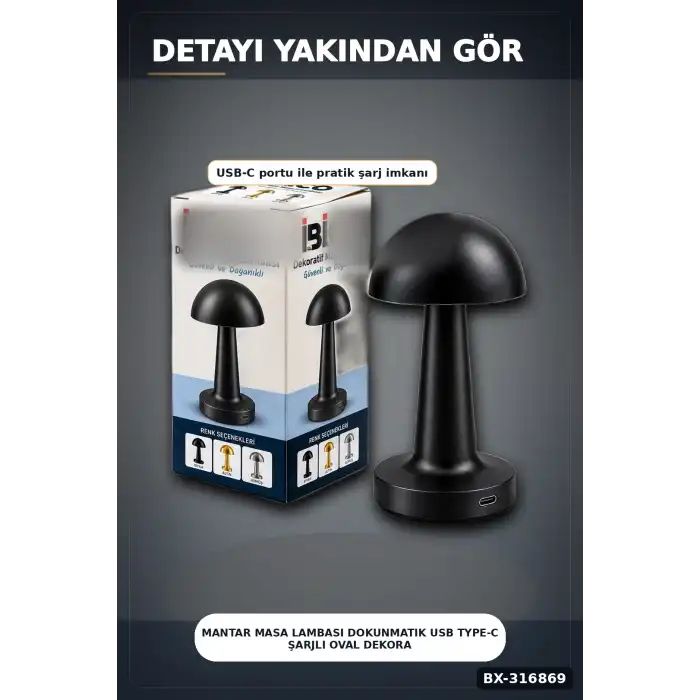 Mantar Masa Lambası Dokunmatik USB Type-C Şarjlı Oval Dekoratif Siyah Başucu Aydınlatma BX-316869