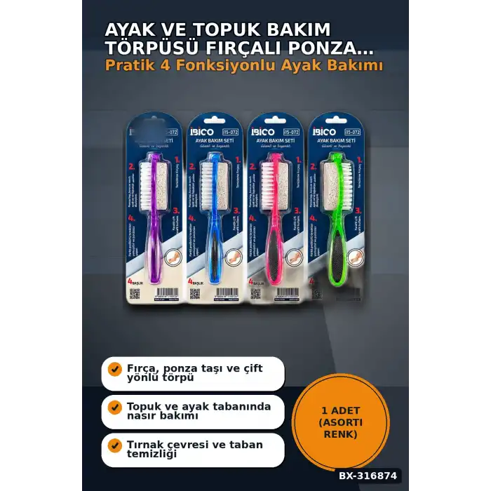 Ayak Ve Topuk Bakım Törpüsü Fırçalı Ponza Taşlı 4 Fonksiyonlu Asorti 1 Adet BX-316874