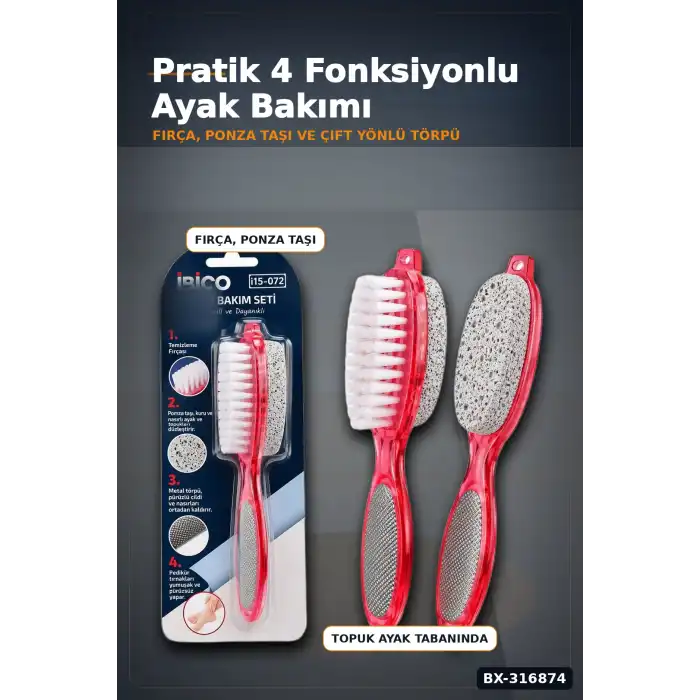 Ayak Ve Topuk Bakım Törpüsü Fırçalı Ponza Taşlı 4 Fonksiyonlu Asorti 1 Adet BX-316874