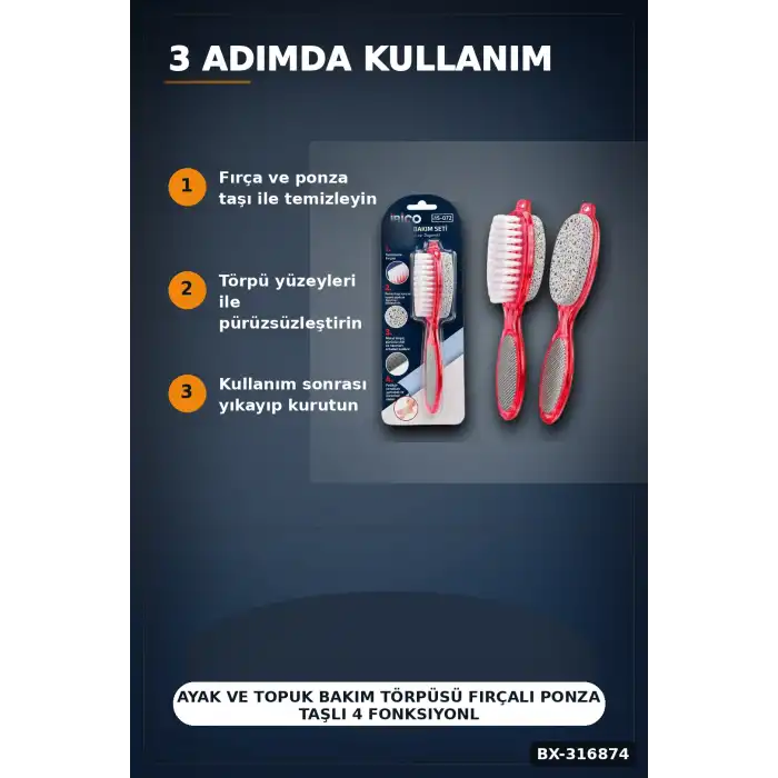 Ayak Ve Topuk Bakım Törpüsü Fırçalı Ponza Taşlı 4 Fonksiyonlu Asorti 1 Adet BX-316874