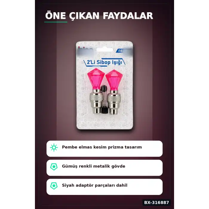 Bisiklet Sibop Işığı Pembe Elmas Kesim Prizma Model Hareket Sensörlü Pilli 2 Adet BX-316887