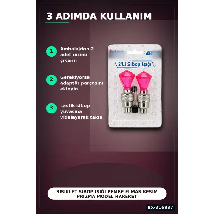 Bisiklet Sibop Işığı Pembe Elmas Kesim Prizma Model Hareket Sensörlü Pilli 2 Adet BX-316887
