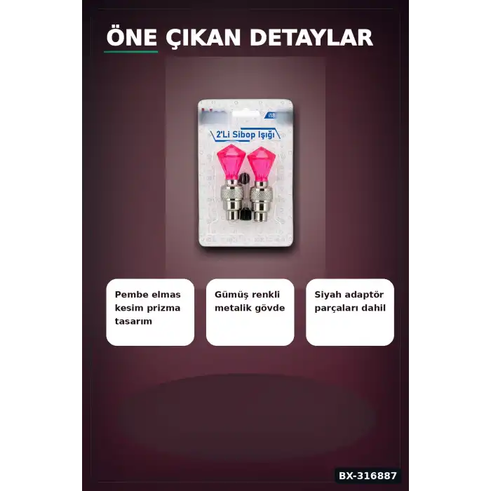 Bisiklet Sibop Işığı Pembe Elmas Kesim Prizma Model Hareket Sensörlü Pilli 2 Adet BX-316887