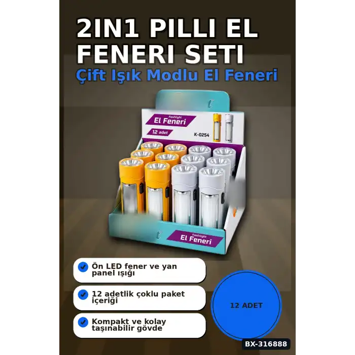 Pilli El Feneri 2in1 Plastik Gövdeli Renkli Aydınlatma Lambası 12 Adet BX-316888