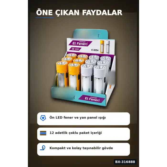 Pilli El Feneri 2in1 Plastik Gövdeli Renkli Aydınlatma Lambası 12 Adet BX-316888