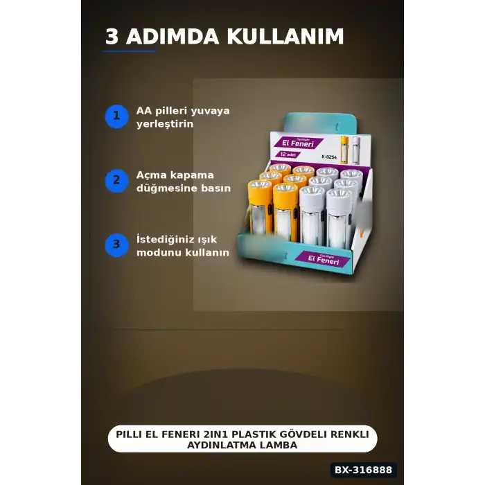 Pilli El Feneri 2in1 Plastik Gövdeli Renkli Aydınlatma Lambası 12 Adet BX-316888