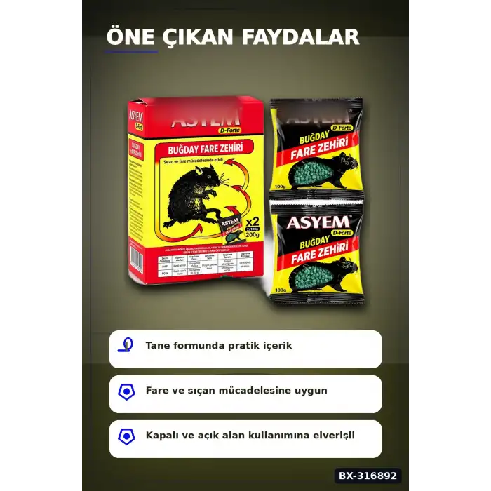 Fare Yemi Buğday Tane Formüllü Kemirgen Zehiri 200 gr, 2 Adet x 100 gr BX-316892