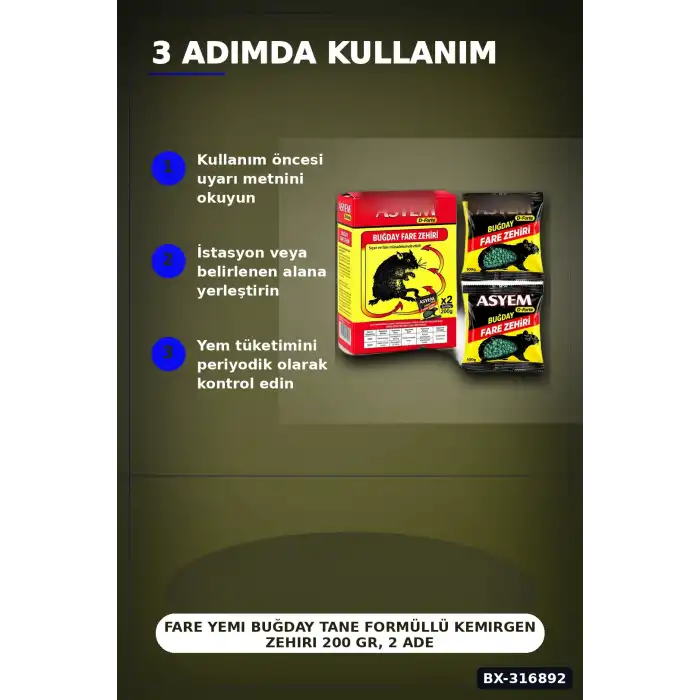 Fare Yemi Buğday Tane Formüllü Kemirgen Zehiri 200 gr, 2 Adet x 100 gr BX-316892