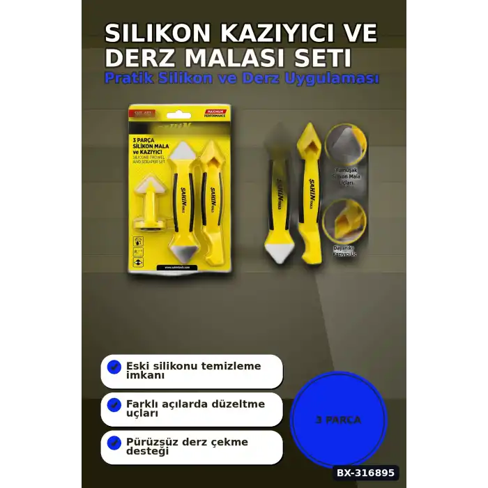 Silikon Kazıyıcı ve Derz Malası El Aleti Seti 3 Parça Tadilat Uygulama BX-316895
