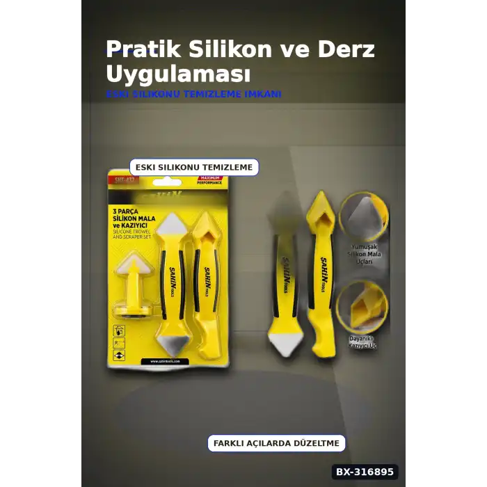 Silikon Kazıyıcı ve Derz Malası El Aleti Seti 3 Parça Tadilat Uygulama BX-316895