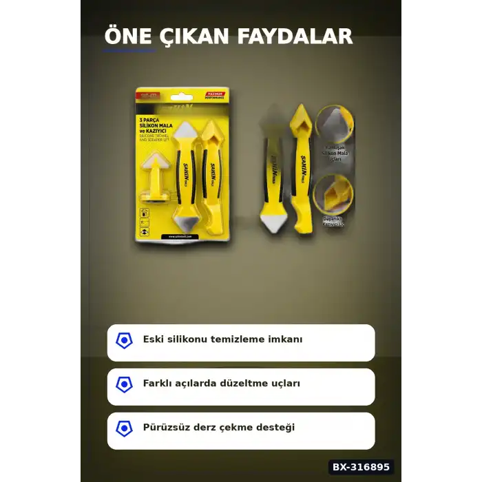 Silikon Kazıyıcı ve Derz Malası El Aleti Seti 3 Parça Tadilat Uygulama BX-316895