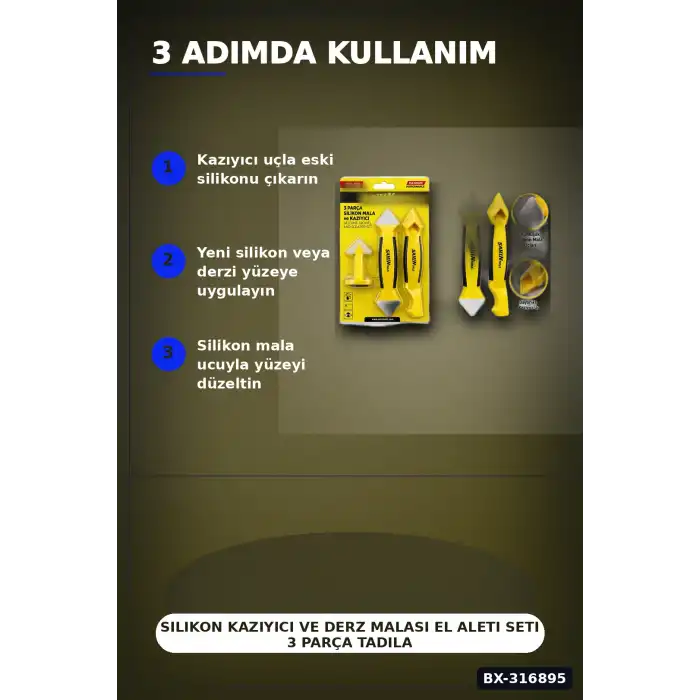 Silikon Kazıyıcı ve Derz Malası El Aleti Seti 3 Parça Tadilat Uygulama BX-316895