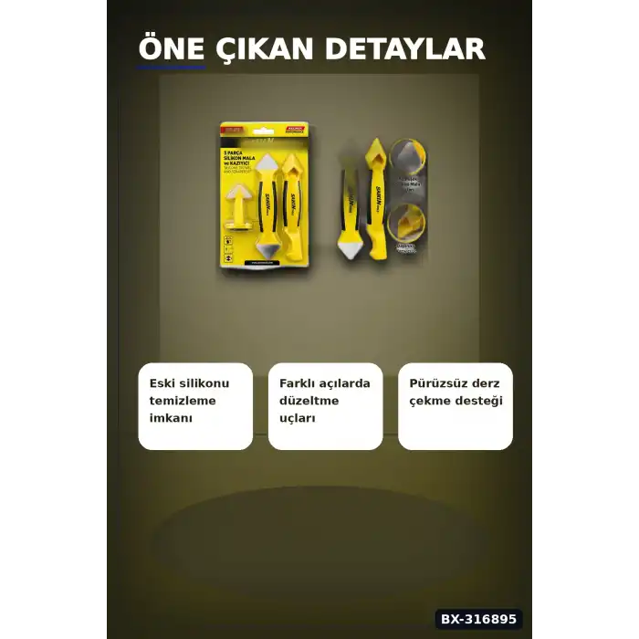 Silikon Kazıyıcı ve Derz Malası El Aleti Seti 3 Parça Tadilat Uygulama BX-316895