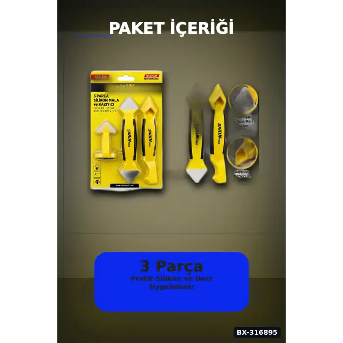 Silikon Kazıyıcı ve Derz Malası El Aleti Seti 3 Parça Tadilat Uygulama BX-316895