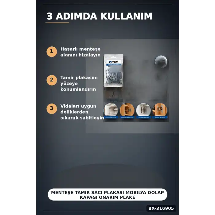 Menteşe Tamir Sacı Plakası Mobilya Dolap Kapağı Onarım Plaketi, 2 Adet BX-316905