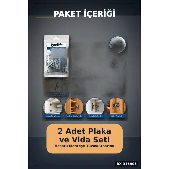 Menteşe Tamir Sacı Plakası Mobilya Dolap Kapağı Onarım Plaketi, 2 Adet BX-316905