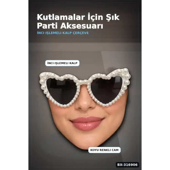 Bride Kalp Parti Gözlüğü İnci Detaylı Beyaz Siyah Camlı Bekarlığa Veda Aksesuarı BX-316906