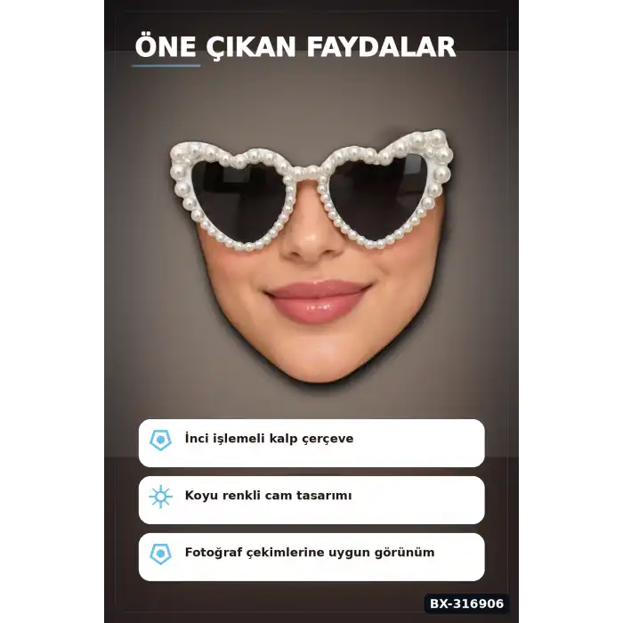Bride Kalp Parti Gözlüğü İnci Detaylı Beyaz Siyah Camlı Bekarlığa Veda Aksesuarı BX-316906