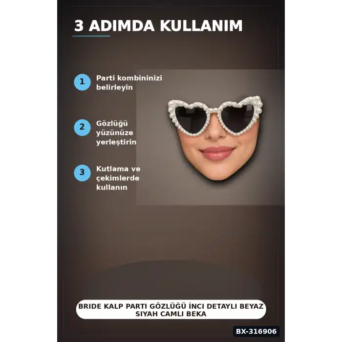Bride Kalp Parti Gözlüğü İnci Detaylı Beyaz Siyah Camlı Bekarlığa Veda Aksesuarı BX-316906