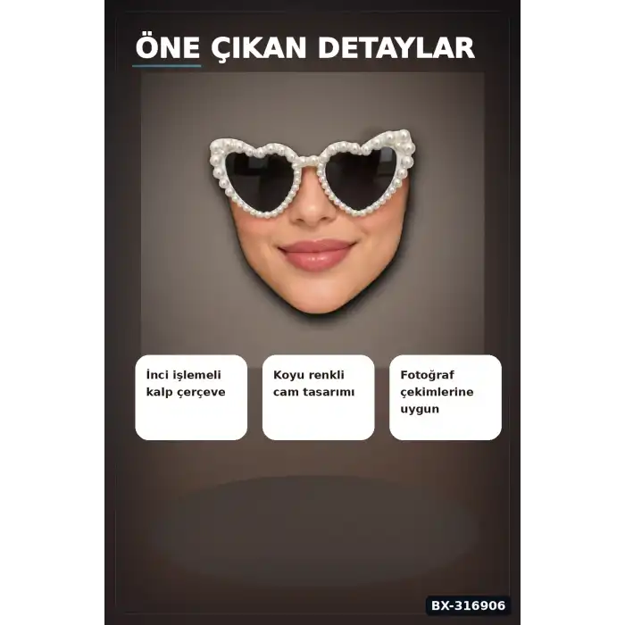 Bride Kalp Parti Gözlüğü İnci Detaylı Beyaz Siyah Camlı Bekarlığa Veda Aksesuarı BX-316906