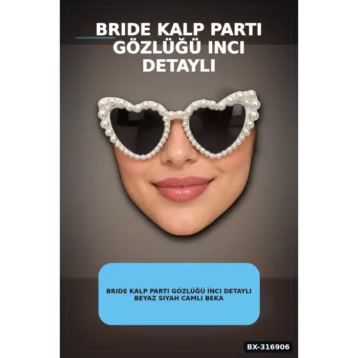 Bride Kalp Parti Gözlüğü İnci Detaylı Beyaz Siyah Camlı Bekarlığa Veda Aksesuarı BX-316906