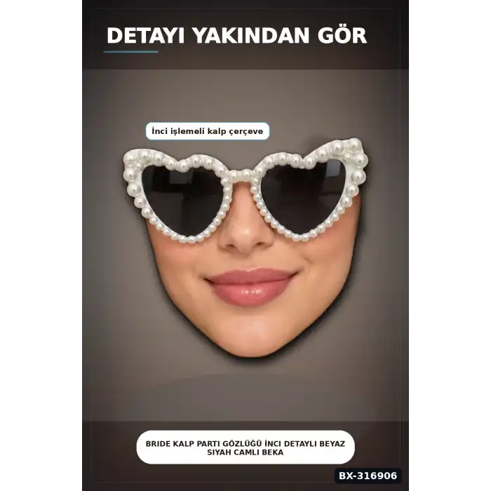 Bride Kalp Parti Gözlüğü İnci Detaylı Beyaz Siyah Camlı Bekarlığa Veda Aksesuarı BX-316906