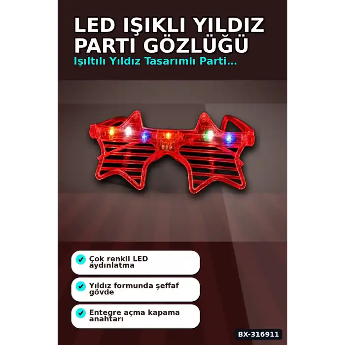 Kırmızı LED Işıklı Yıldız Parti Gözlüğü Yetişkin Boy Eğlence Aksesuarı BX-316911