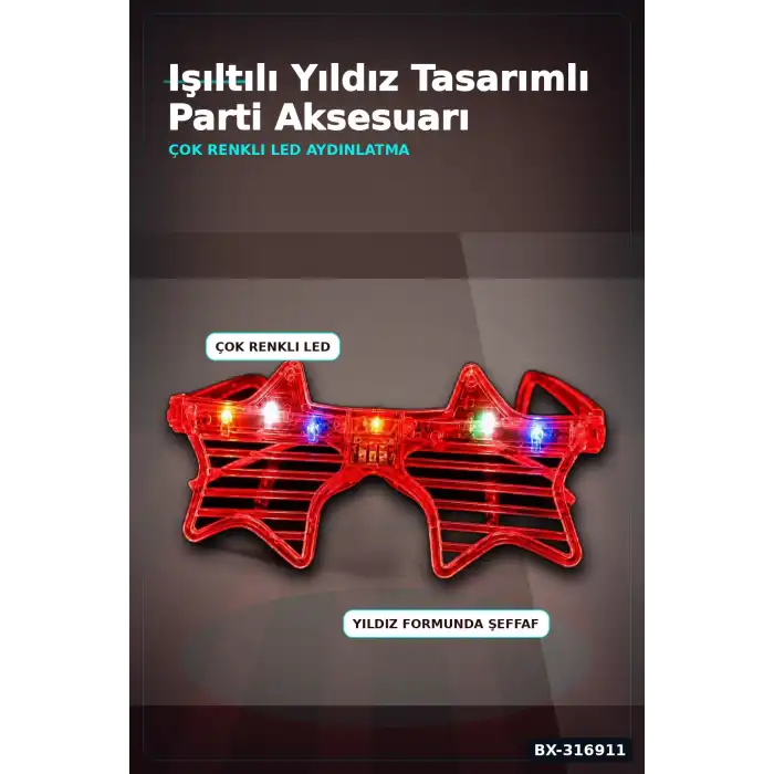Kırmızı LED Işıklı Yıldız Parti Gözlüğü Yetişkin Boy Eğlence Aksesuarı BX-316911