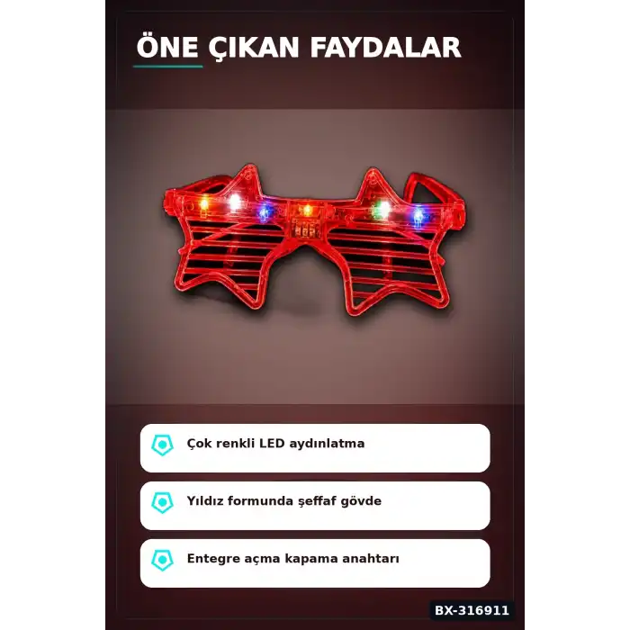 Kırmızı LED Işıklı Yıldız Parti Gözlüğü Yetişkin Boy Eğlence Aksesuarı BX-316911