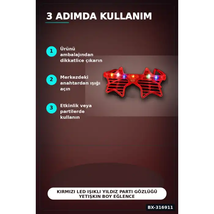 Kırmızı LED Işıklı Yıldız Parti Gözlüğü Yetişkin Boy Eğlence Aksesuarı BX-316911