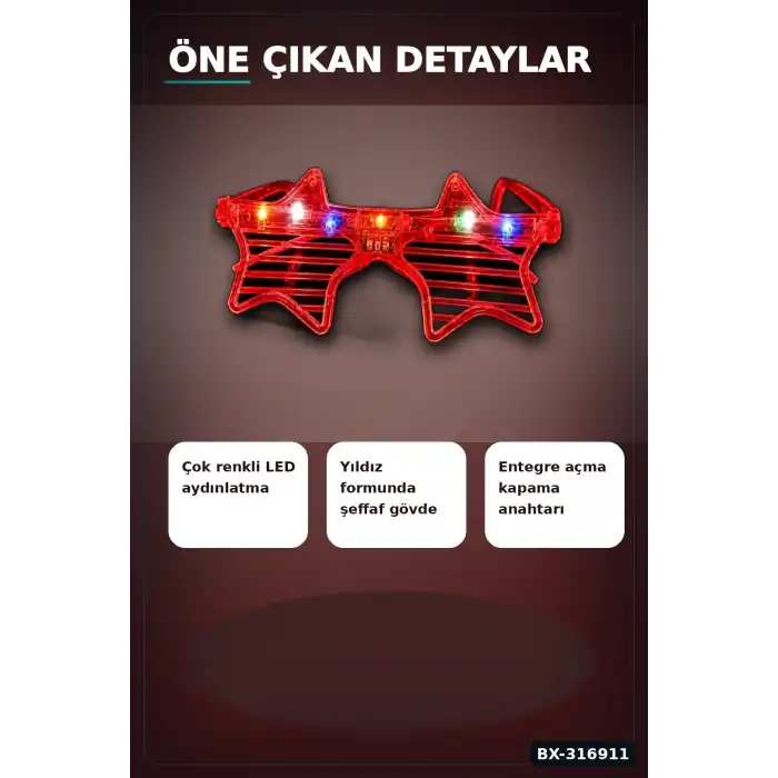Kırmızı LED Işıklı Yıldız Parti Gözlüğü Yetişkin Boy Eğlence Aksesuarı BX-316911