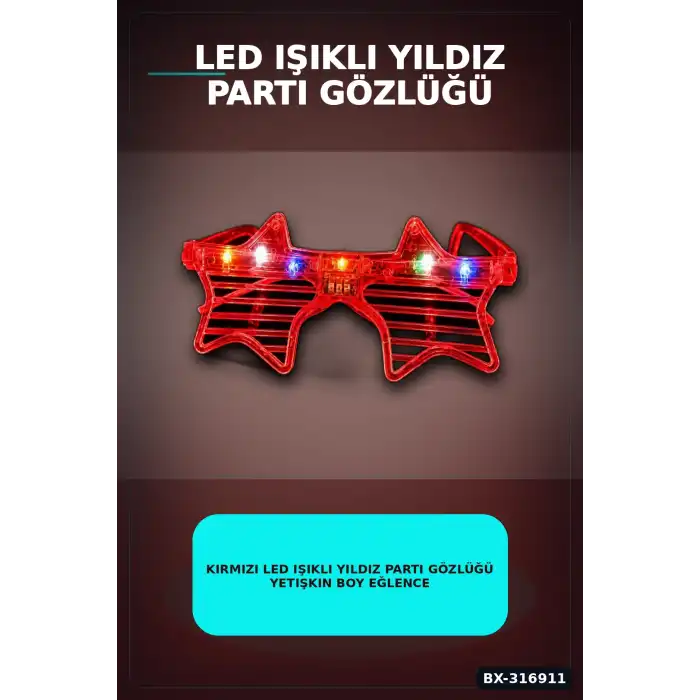 Kırmızı LED Işıklı Yıldız Parti Gözlüğü Yetişkin Boy Eğlence Aksesuarı BX-316911