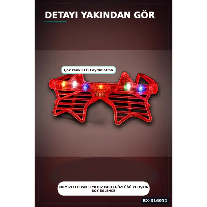 Kırmızı LED Işıklı Yıldız Parti Gözlüğü Yetişkin Boy Eğlence Aksesuarı BX-316911