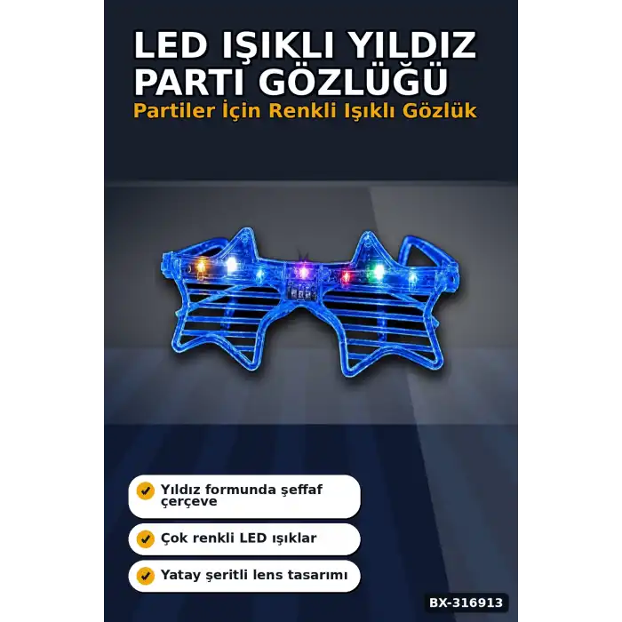 Mavi Yıldız Parti Gözlüğü LED Işıklı Şeffaf Çerçeveli Festival Aksesuarı BX-316913