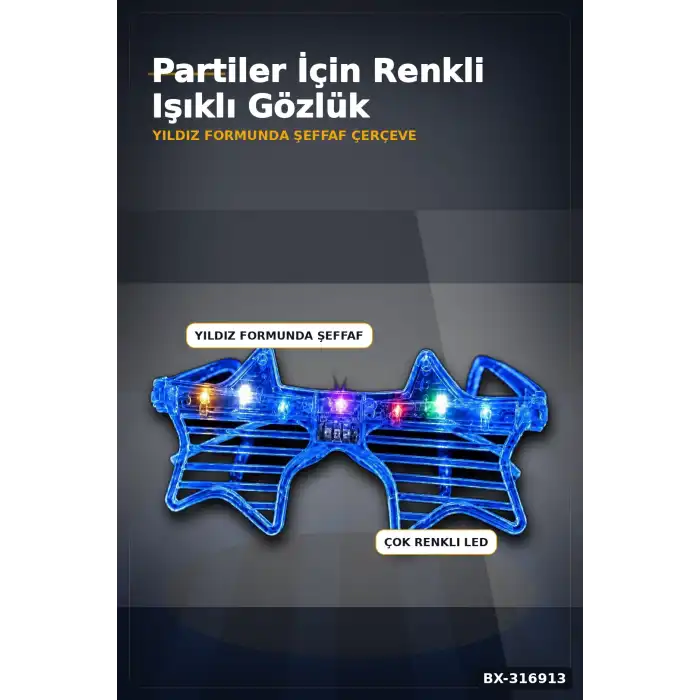 Mavi Yıldız Parti Gözlüğü LED Işıklı Şeffaf Çerçeveli Festival Aksesuarı BX-316913