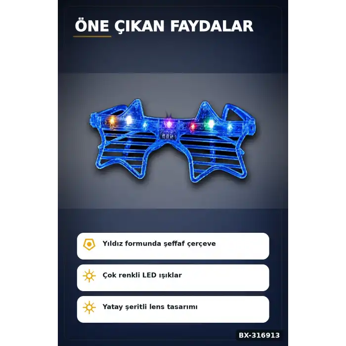 Mavi Yıldız Parti Gözlüğü LED Işıklı Şeffaf Çerçeveli Festival Aksesuarı BX-316913