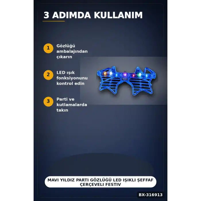 Mavi Yıldız Parti Gözlüğü LED Işıklı Şeffaf Çerçeveli Festival Aksesuarı BX-316913