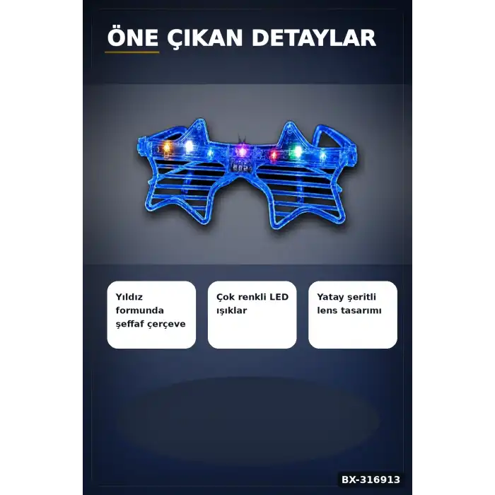 Mavi Yıldız Parti Gözlüğü LED Işıklı Şeffaf Çerçeveli Festival Aksesuarı BX-316913