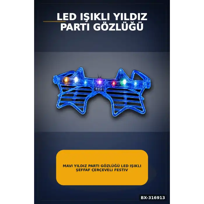 Mavi Yıldız Parti Gözlüğü LED Işıklı Şeffaf Çerçeveli Festival Aksesuarı BX-316913