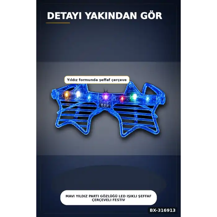 Mavi Yıldız Parti Gözlüğü LED Işıklı Şeffaf Çerçeveli Festival Aksesuarı BX-316913