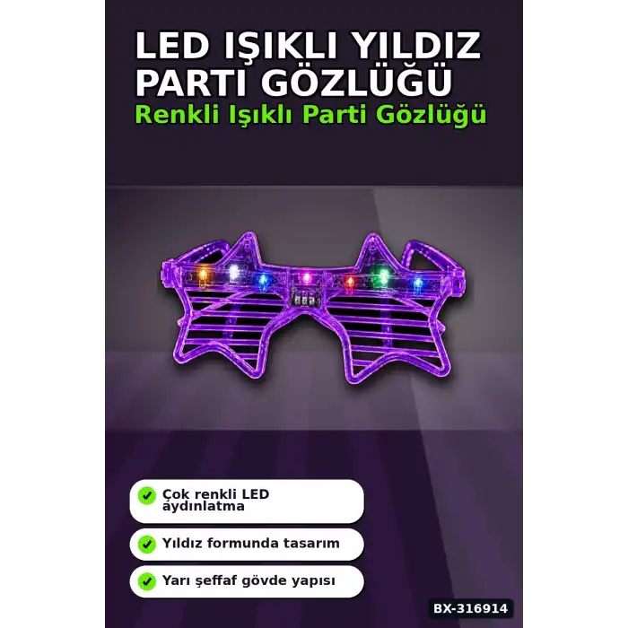 Parti Gözlüğü LED Işıklı Yıldız Tasarım Mor Şeffaf Çerçeve Yetişkin Aksesuarı BX-316914