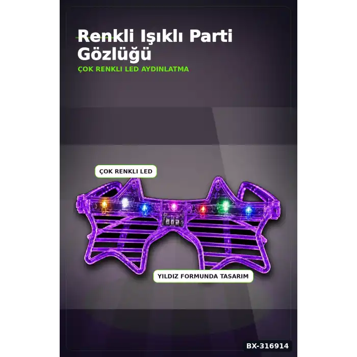 Parti Gözlüğü LED Işıklı Yıldız Tasarım Mor Şeffaf Çerçeve Yetişkin Aksesuarı BX-316914