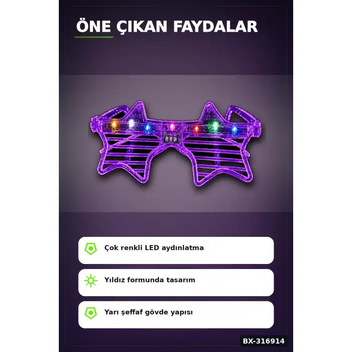 Parti Gözlüğü LED Işıklı Yıldız Tasarım Mor Şeffaf Çerçeve Yetişkin Aksesuarı BX-316914