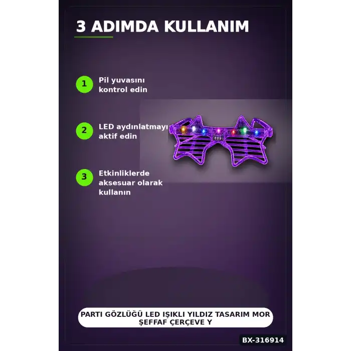 Parti Gözlüğü LED Işıklı Yıldız Tasarım Mor Şeffaf Çerçeve Yetişkin Aksesuarı BX-316914