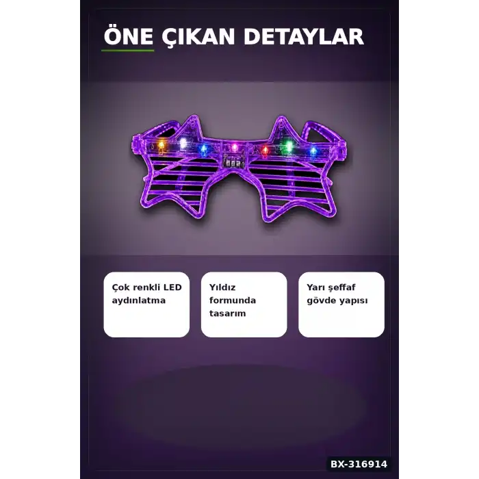 Parti Gözlüğü LED Işıklı Yıldız Tasarım Mor Şeffaf Çerçeve Yetişkin Aksesuarı BX-316914
