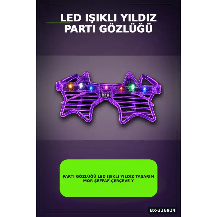Parti Gözlüğü LED Işıklı Yıldız Tasarım Mor Şeffaf Çerçeve Yetişkin Aksesuarı BX-316914
