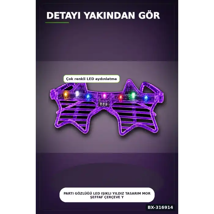 Parti Gözlüğü LED Işıklı Yıldız Tasarım Mor Şeffaf Çerçeve Yetişkin Aksesuarı BX-316914