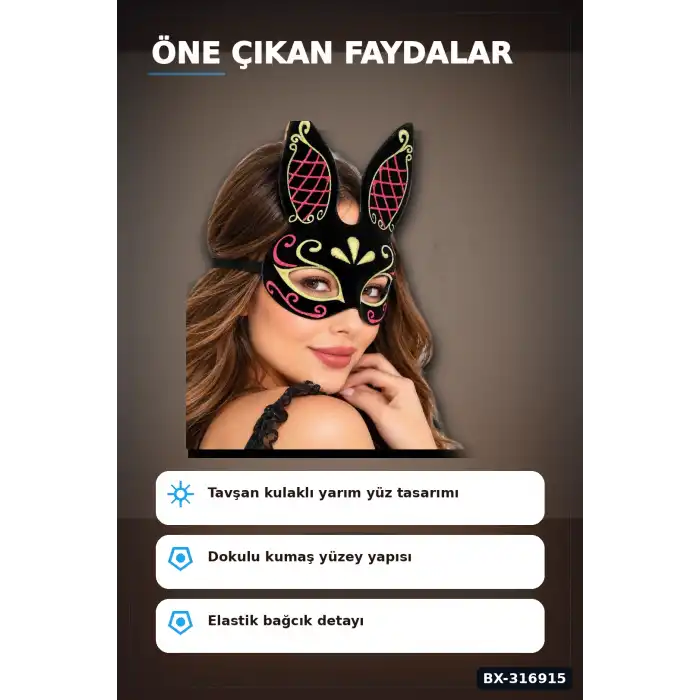 Tavşan Maskesi Süet Kaplama İşlemeli Kulaklı Yarım Yüz Parti Aksesuarı BX-316915